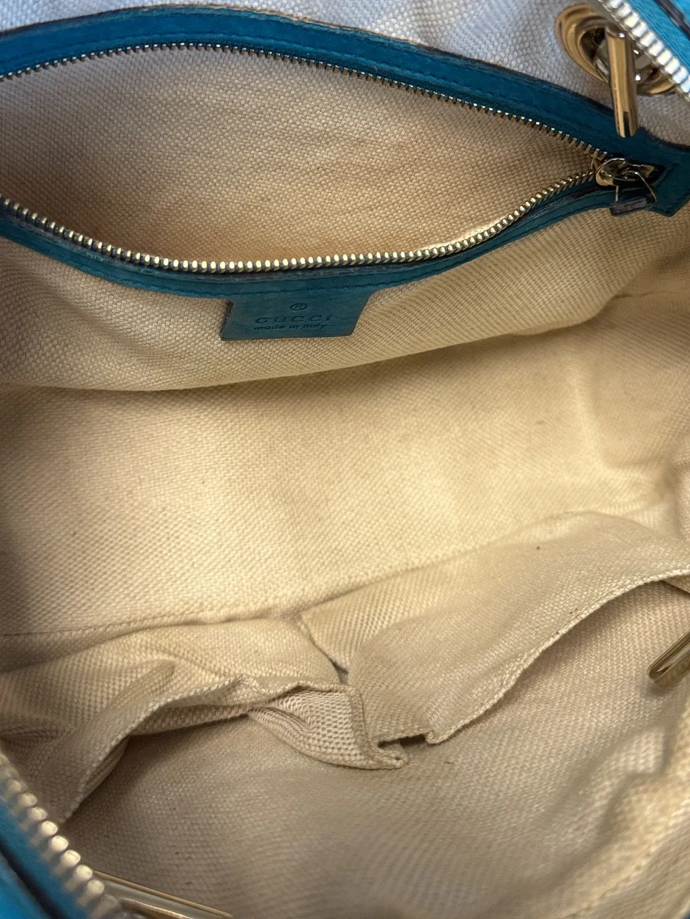 Gucci Soho Chain Strap Suede Leather Medium Bowler Bag Teal Blue Gold
